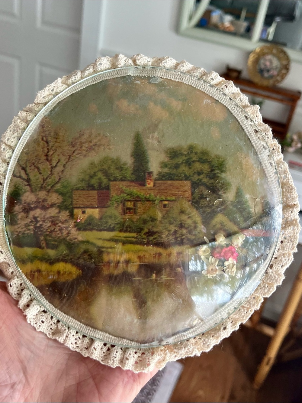 Vintage Round Convex Framed Cottage Landscape scene with a few dry flowers. - Picture 3 of 5